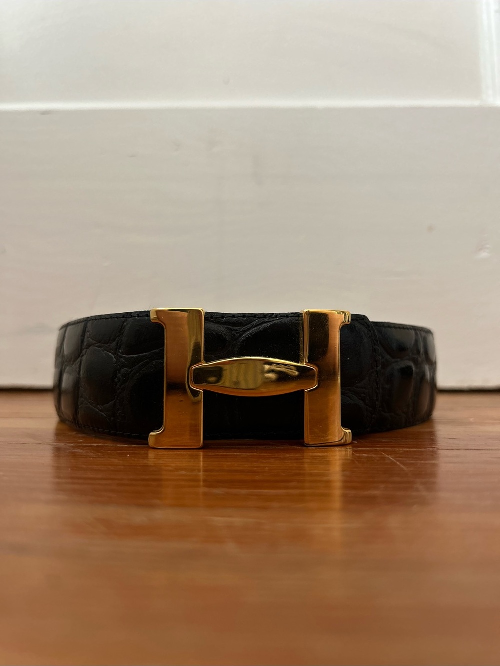 Hermes Black Croc-Embossed Belt with Gold H Buckle
